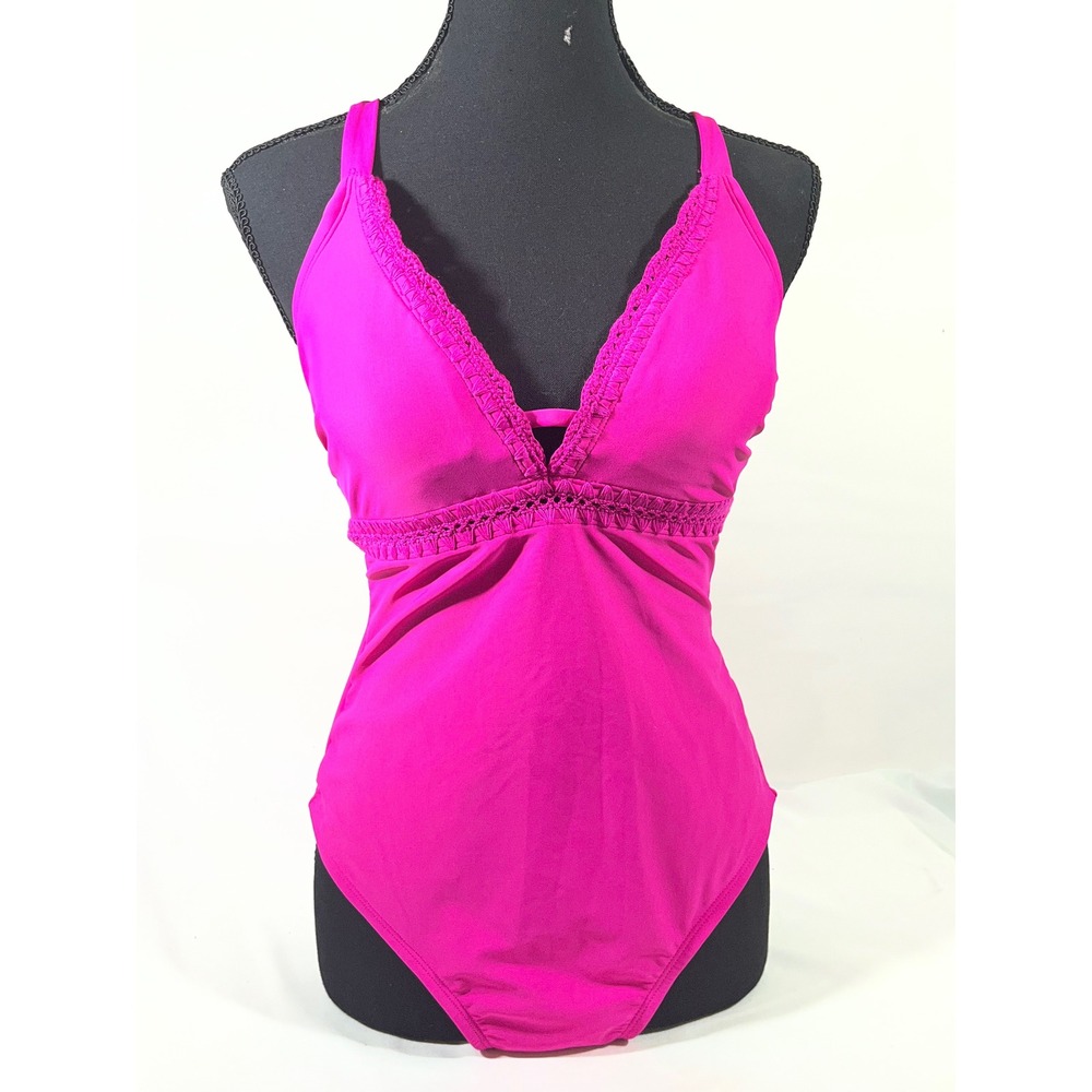 Kona Sol Crochet Trim‎ Lace Up Back 1 Piece Swimsuit Women M Hot Pink Barbievore